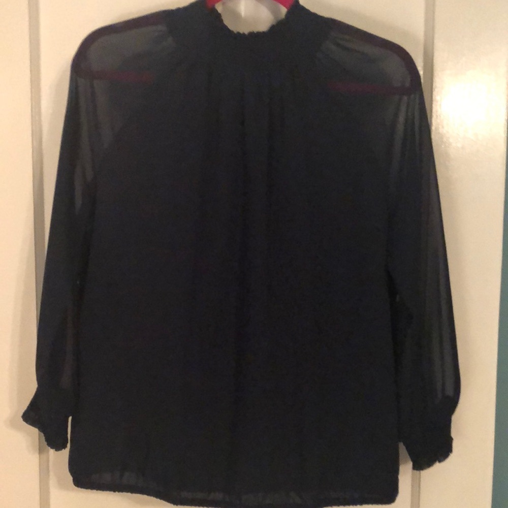 Ann Taylor navy blouse sheer sleeves